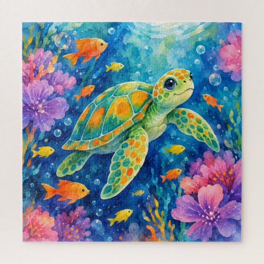 カラフルな水彩画のウミガメ ジグソーパズル (縦)
