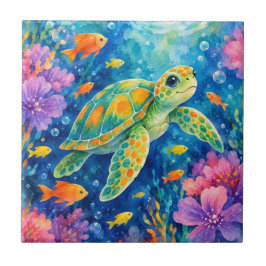 カラフルな水彩画のウミガメ タイル