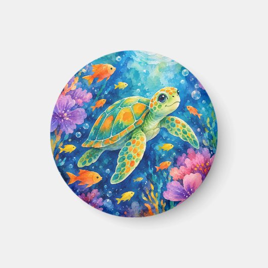 カラフルな水彩画のウミガメ マグネット (正面)