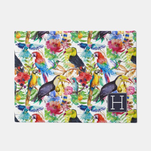 カラフルな水彩画のオウムは|あなたのイニシャルを加えます ドアマット (正面)