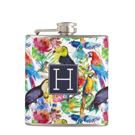 カラフルな水彩画のオウムは|あなたのイニシャルを加えます フラスク (正面)