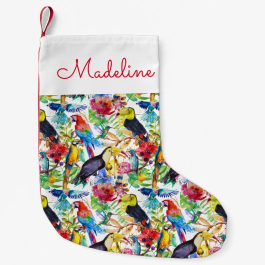 カラフルな水彩画のオウムは|あなたの名前を加えます スモールクリスマスストッキング (正面)