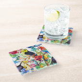 カラフルな水彩画のオウム2 ガラスコースター (アングル)