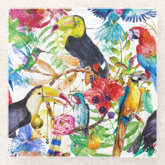 カラフルな水彩画のオウム2 ガラスコースター (正面)