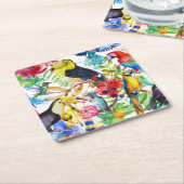 カラフルな水彩画のオウム2 スクエアペーパーコースター (アングル)