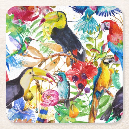 カラフルな水彩画のオウム2 スクエアペーパーコースター (正面)