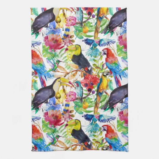 カラフルな水彩画のオウム キッチンタオル (縦)