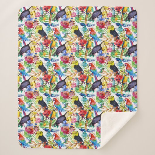 カラフルな水彩画のオウム シェルパブランケット (正面)