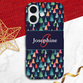 カラフルな水彩画のクリスマスツリーのモノグラム iPhone 16ケース