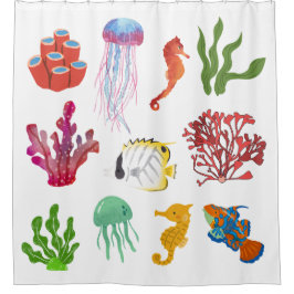 カラフルな水彩画のサンゴを含む海洋生物 シャワーカーテン