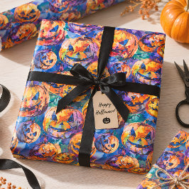 カラフルな水彩画のジャック・オ・ランタン・ハロウィン ラッピングペーパー