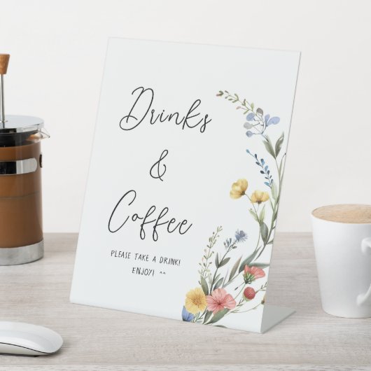 カラフルな水彩画のワイルドフラワーの飲み物とコーヒー 台座サイン (インサイチュ)