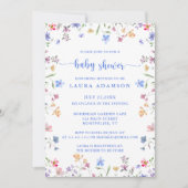 カラフルな水彩画のワイルドフラワーズ ブルーベイビーシャワー 招待状 (正面)