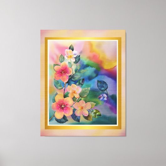 カラフルな水彩画の春の枝と花 キャンバスプリント (正面)