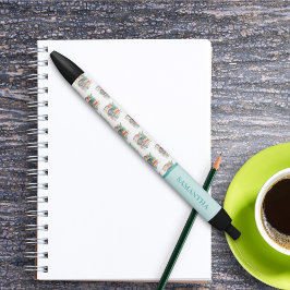 カラフルな水彩画の本のバックパックと花 黒ボールペン