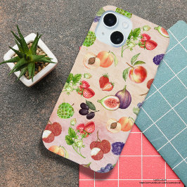 カラフルな水彩画の果物クラフト紙 iPhone 15ケース
