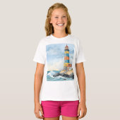 カラフルな水彩画の灯台 Tシャツ (正面フル)