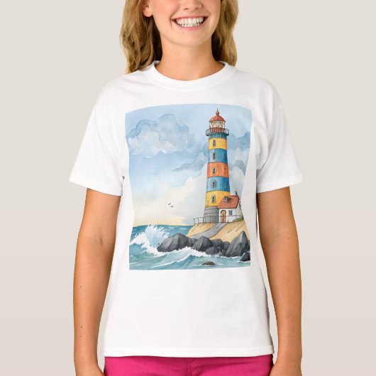 カラフルな水彩画の灯台 Tシャツ (正面)