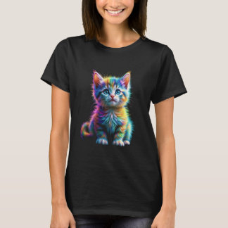 カラフルな水彩画の猫 色鮮やかな毛並みの仔猫  Tシャツ