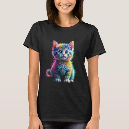 カラフルな水彩画の猫 色鮮やかな毛並みの仔猫  Tシャツ (正面)
