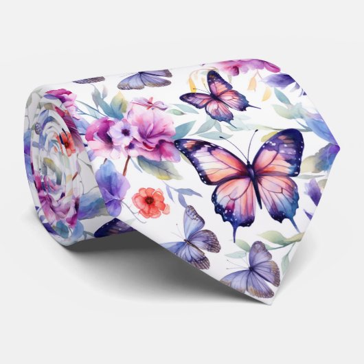 カラフルな水彩画の蝶と花の模様 ネクタイ (ロール)