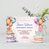 カラフルな水彩画の誕生日ケーキと風船 招待状 (スタンド正面)