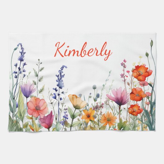 カラフルな水彩画の野の花のオーダーメイド キッチンタオル (横)