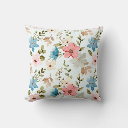 カラフルな水彩画の野の花のシームレスパターン クッション (正面)