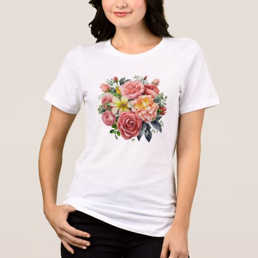 カラフルな水彩画の野の花ガーデン トライブレンドTシャツ (正面)