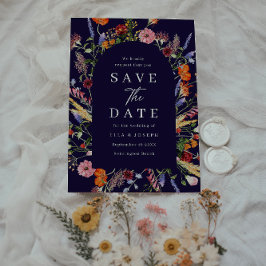 カラフルな水彩画の野生の花 ネイビー 結婚式 セーブザデート