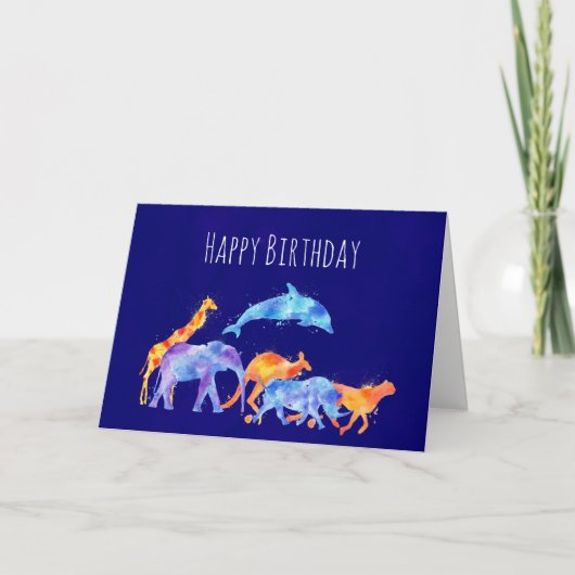 カラフルな水彩画の野生動物の群れの誕生日 カード (正面)