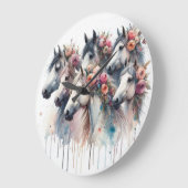カラフルな水彩画の馬の時計 ラージ壁時計 (傾斜)