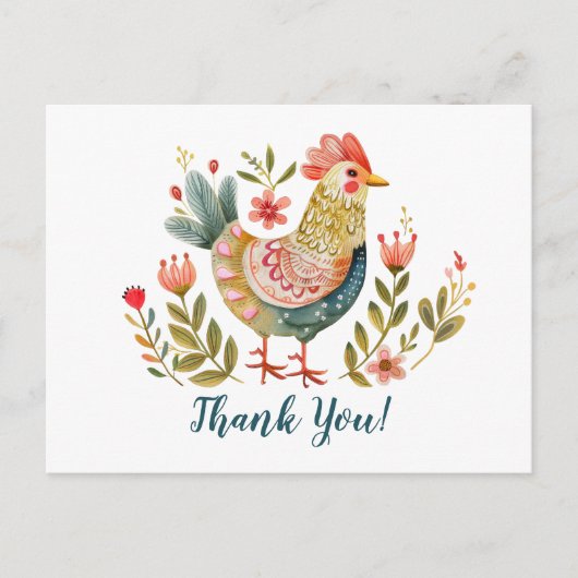 カラフルな水彩画の鶏のフォークアート ありがとう ポストカード (正面)