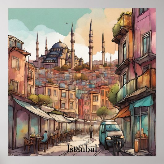 カラフルな水彩画イスタンブールのスカイライン ポスター (正面)