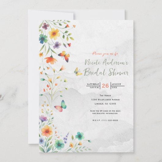 カラフルな水彩花と蝶のウェディングシャワー 招待状 (正面)