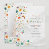 カラフルな水彩花と蝶のウェディングシャワー 招待状 (正面/裏面)