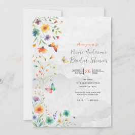 カラフルな水彩花と蝶のウェディングシャワー 招待状