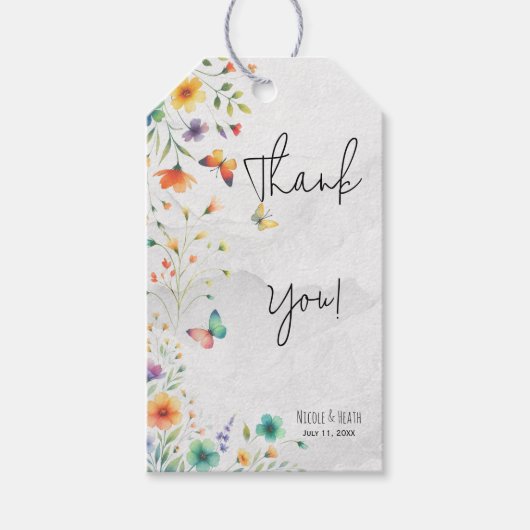 カラフルな水彩花と蝶のウェディング ギフトタグ (正面)