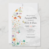 カラフルな水彩花と蝶のエンゲージメント 招待状 (正面)