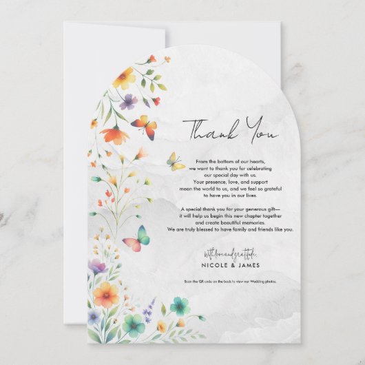 カラフルな水彩花と蝶の感謝カード 招待状 (正面)