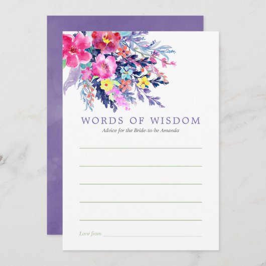 カラフルな水彩花の花嫁のシャワーアドバイス 招待状 (正面/裏面)