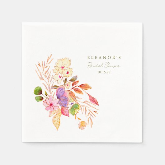 カラフルな水彩花イラストのブランチ バブルシャワー スタンダードカクテルナプキン (正面)