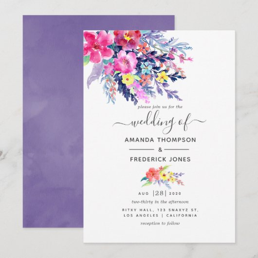 カラフルな水彩花イラストの春のウェディング 招待状 (正面/裏面)