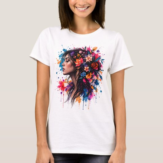 カラフルな水彩花柄の女性アート Tシャツ (正面)