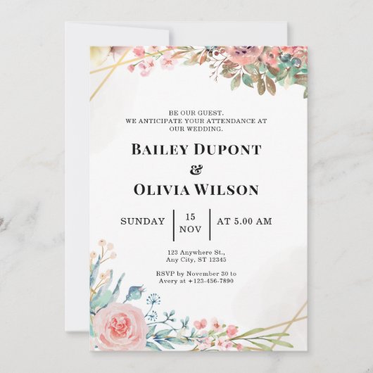 カラフルな水彩花柄の結婚式招待状カード 招待状 (正面)