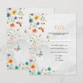 カラフルな水彩花柄蝶々 ウェディングRSVP 招待状 (正面/裏面)