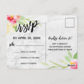 カラフルな水彩花模様のマーブル紙の返信カード ポストカード (裏面)