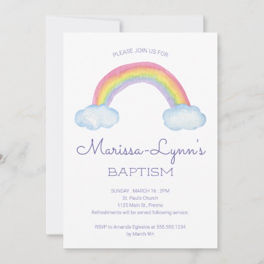 カラフルな水彩虹の洗礼または命名式 招待状 (正面)
