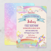 カラフルな水彩虹色ユニコーンの女の子の誕生日 招待状 (正面/裏面)