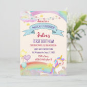 カラフルな水彩虹色ユニコーンの女の子の誕生日 招待状 (スタンド正面)
